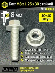 Болт М8 + гайка М8 самоконтрящаяся. Длина 30мм, шаг 1.25 (М8 1.25 30). Автомобильные, высокопрочные, с фланцем, коррозионностойкие. Набор 10 болтов + 10 гаек.