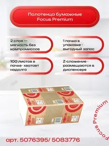 Полотенца бумажные Focus Premium, Z сложения, 2 слоя, 24х21,5 см, 100 листов, 1 пачка (5076395/5083776)