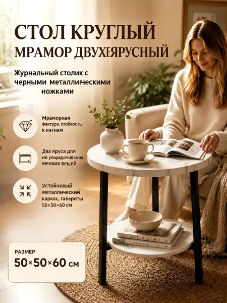Стол круглый мрамор двухъярусный