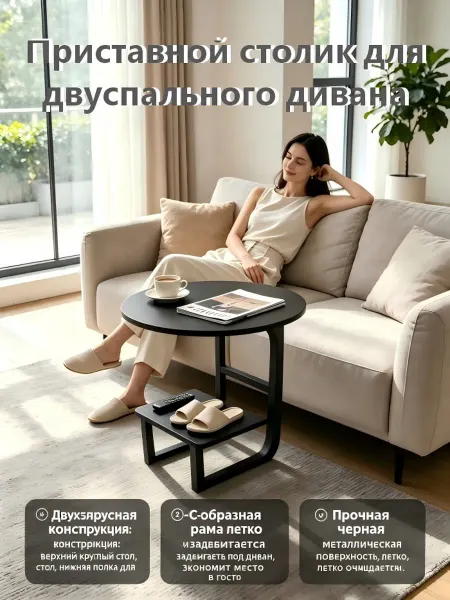 Черный металлический двухъярусный приставной столик