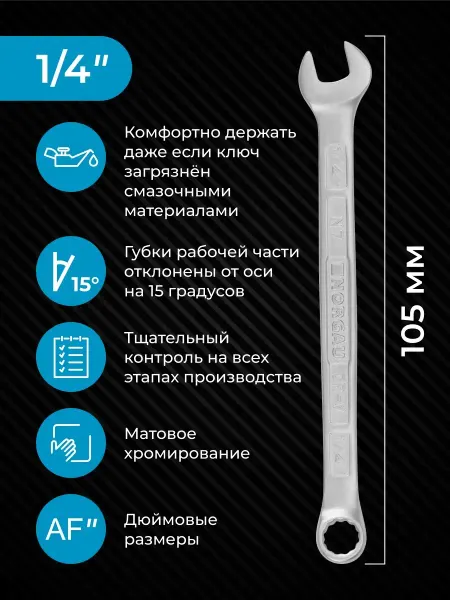 NORGAU Гаечный ключ дюймовый, комбинированный 1 4", 105 мм HPM