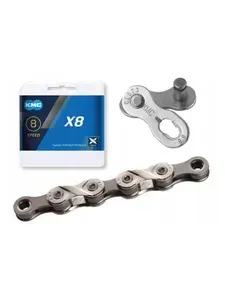 Цепь велосипедная KMC - X8 1/2"x3/32", 114 звеньев, 7/8 скоростей, серебристо-серая