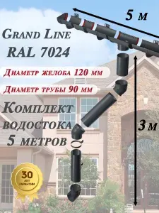 Водосточная система Grand Line 5 м по 1 метру ( 120мм/90мм ) графит RAL 7024 водосток для крыши пластиковый Гранд Лайн ( серый ) комплект ПВХ