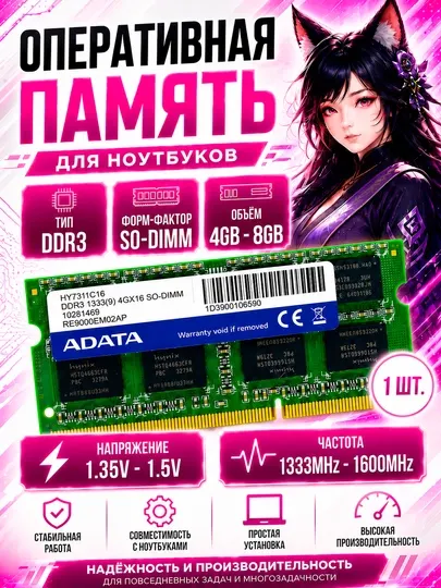 Оперативная память для ноутбука DDR3 SO-DIMM 4GB/8GB 1333MHz–1600MHz 1.35V–1.5V RAM