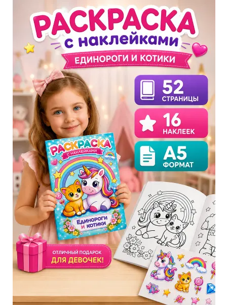 Раскраска для девочек с наклейками котики