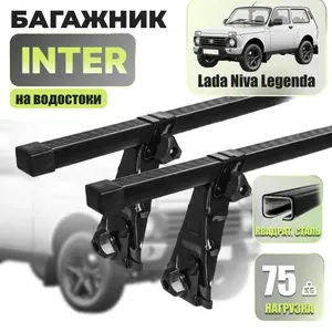 Багажник 140 см для Лада Нива на крышу за водостоки Inter : 2 - рейки (20х30) 1,4м., черный пластик + стойки окрашенные 4 шт.