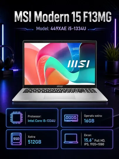 Игровой ноутбук MSI Modern 15 F13MG,15.6" Full HD,IPS,16 ГБ/512 ГБ,i5-1334U,гарантия 1 год