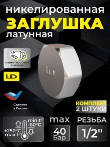 Заглушка для труб 1/2" ВР никелированная латунь, с прокладками 2х видов (2шт)