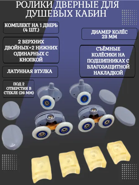 RENETAIL Ролики для душевой кабины 2*2+2*1, креп. чер. 2 отверстия
