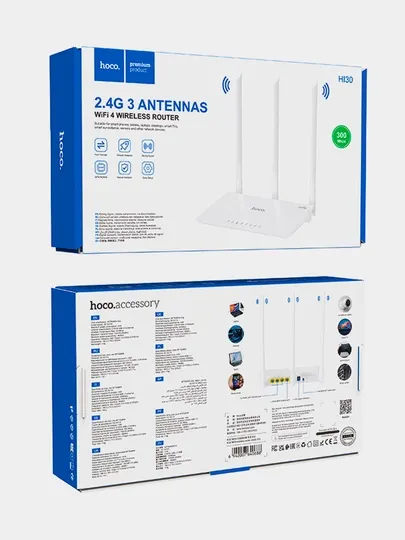 Роутер Hoco HI30 WiFi 4, 2.4GHz, антенна 5dBi, 300Mbps, 1 WAN + 3 LAN, порты RJ45 Ethernet