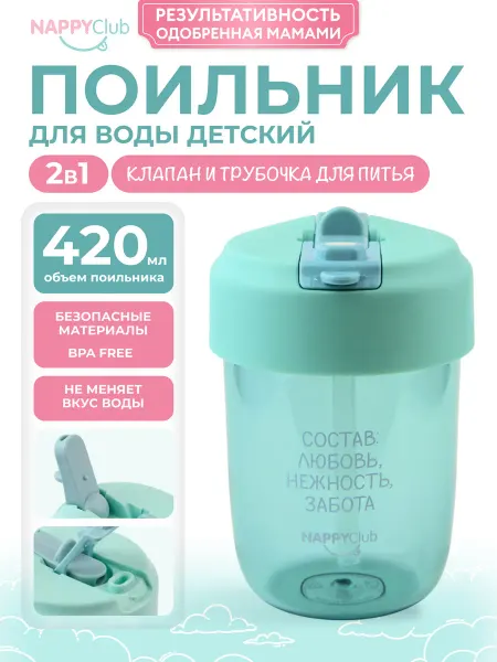 NappyClub от мам для мам! Бутылка для воды детская, поильник 2 в 1, 420 мл
