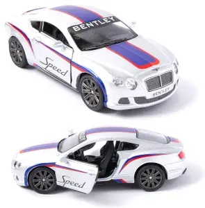 Машинка металлическая Kinsmart 1:38 2012 Bentley Continental GT Speed с принтом (Бентли Континенталь) KT5369FD инерционная, двери открываются / Серебристый
