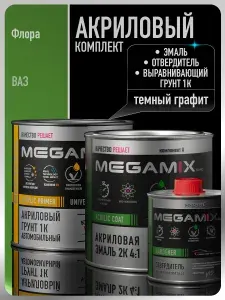 Комплект Акриловая краска автомобильная 2К , Флора , 840мл + Отвердитель 2K 210 мл + Грунт акриловый 1К , ТЕМНЫЙ ГРАФИТ, 800 г