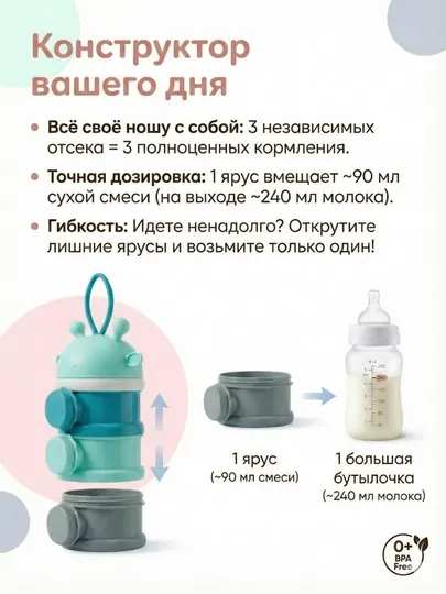 Контейнер для детской смеси и перекусов 3 в 1| Герметичный контейнер для молочной смеси