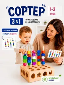 Сортер развивающий Монтессори деревянный 3 в 1