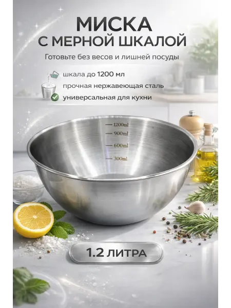 Мо и ника 3 Миска из нержавеющей стали с мерной шкалой 1.2 л кухонная