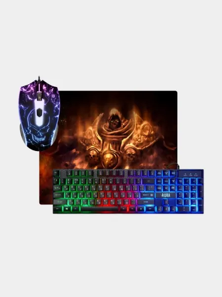 Игровой комплект 3 в 1 USB клавиатура+ USB мышь+ коврик Defender AURA с RGB подсветкой