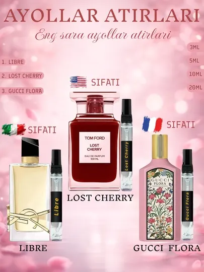 Набор духов для женщин Libre, Tom Ford Lost Cherry, Gucci Flora, 3 в 1