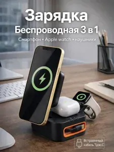 Беспроводная зарядка 3 в 1 для iPhone MagSafe, складная зарядная станция / Модель CYJ-10