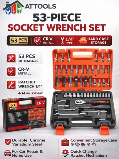 Набор торцевых головок Attools 53 предмета, 1/4", сталь CR-V, с трещоточным ключом
