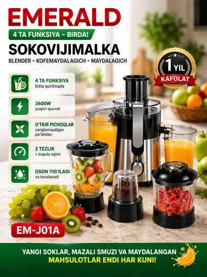 Кухонный комбайн EMERALD 4 в 1 – соковыжималка, блендер, кофемолка, измельчитель