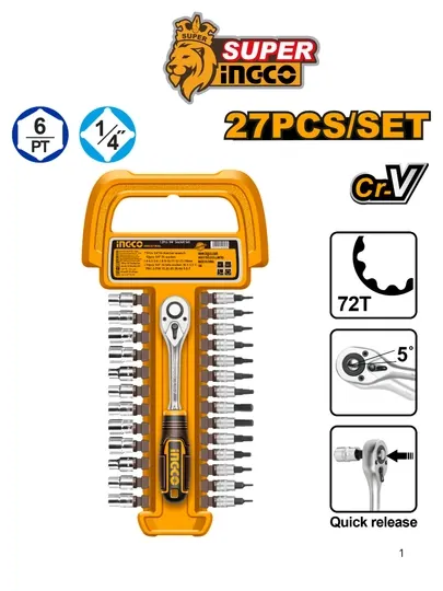 Трещотка + набор головок, 1/4", HKTS14271, 27 шт