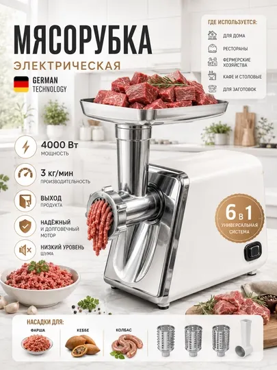 Мясорубка электрическая, 6 в 1, 4000 Вт, металлический корпус, функция реверс