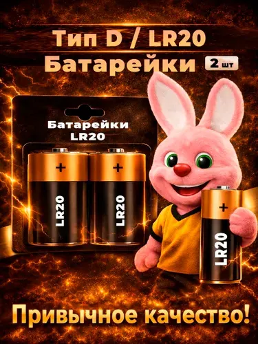 Батарейка D, L (щелочной) тип, 4500 мА•ч, 1,6 В, 2 шт