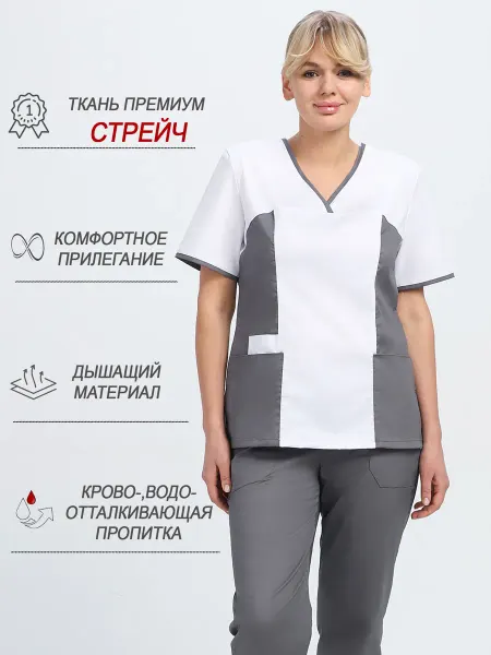Белый Стиль Медицинский костюм стрейч без застежки большой размер