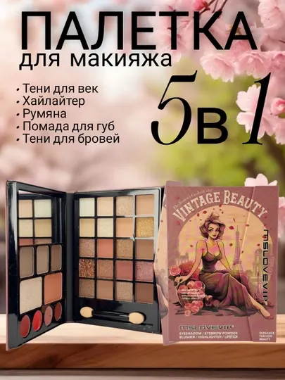 Палетка для макияжа, тени для век с кисточкой, румянa, контуринг, помада, 5 в 1