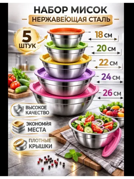 Миска салатники набор посуды нержавеющая сталь 5 в 1