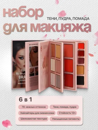 Палетка-книга для макияжа 5 в 1: тени, хайлайтеры, румяна, бронзер, скульптор, помады