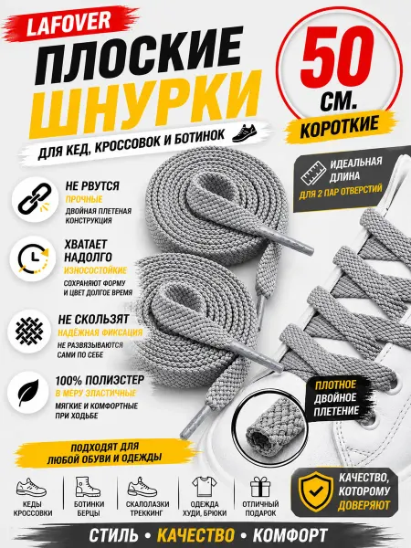LAFOVER Шнурки для кроссовок серые для обуви серебристые 50 см