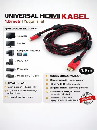 Универсальный HDMI-кабель 1,5 дюйма для телевизора, монитора, компьютера
