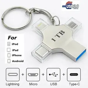 1 ТБ USB-флеш-накопитель Флэшка, Apple Lightning, microUSB, до 80 мб/сек, Металл, серый металлик