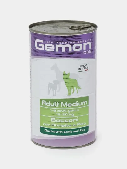 Консервированный корм Gemon Adult Medium для собак, кусочки баранины с рисом, 1. 25 кг
