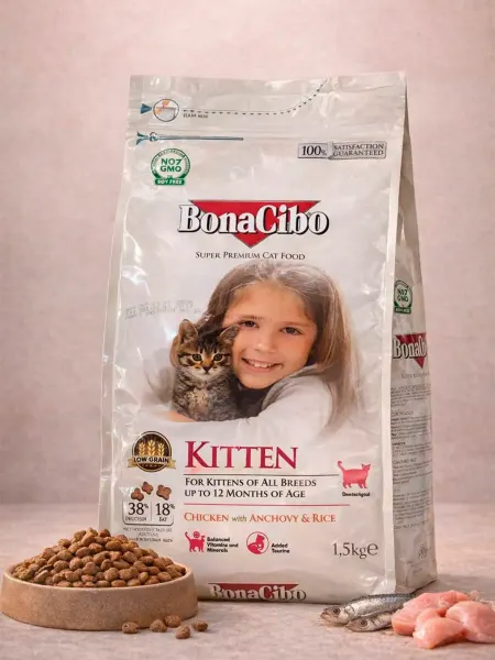 BonaCibo Сухой корм для котят, 1.5 кг со вкусом курицы, анчоуса и рис…