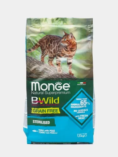 Сухой корм Monge BWild, для стерилизованных, с тунцом и горохом, 1.5 кг