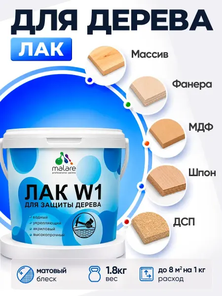 Malare Матовый лак для дерева, водный, без запаха 1,8 кг