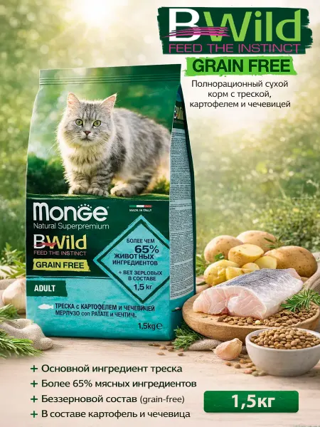 MONGE Корм для кошек с мясом трески 1,5кг