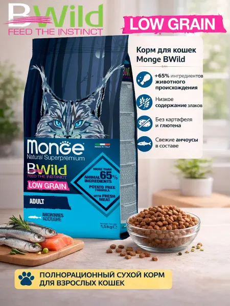 MongeBW Корм для кошек с анчоусом 1,5кг