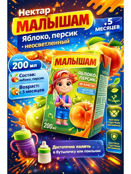 Нектар Яблоко, персик неосветлённый с 5 мес, 200мл
