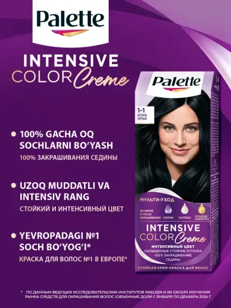 Palette Краска для волос Intensive Color Cream, 1-1, Иссиня-черный