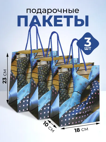 Пакет подарочный мужской, 18x10x23 см, набор 3 шт
