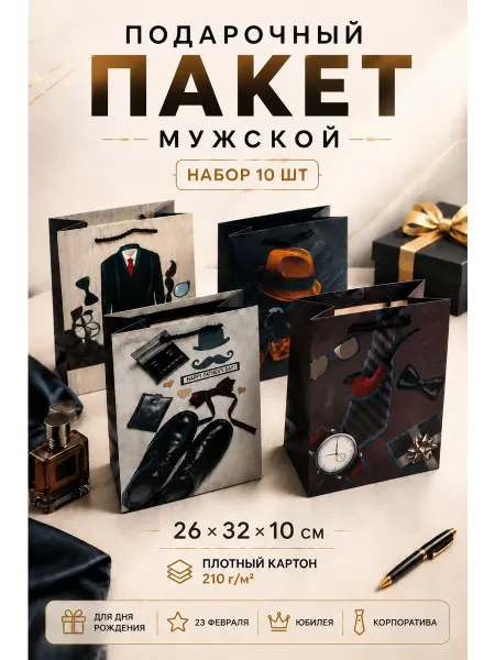 Пакет подарочный мужской набор 10 шт 26×32×10 см бумажный