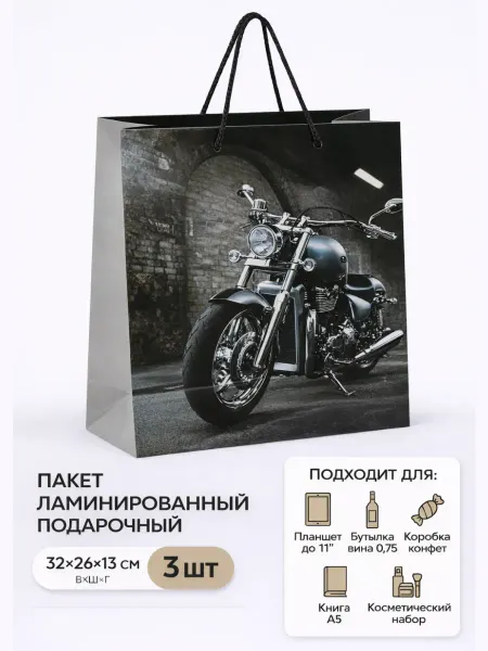 ЗОЛОТАЯ СКАЗКА Набор пакетов 3 шт подарочные плотные 26х13х32 см Мотоцикл