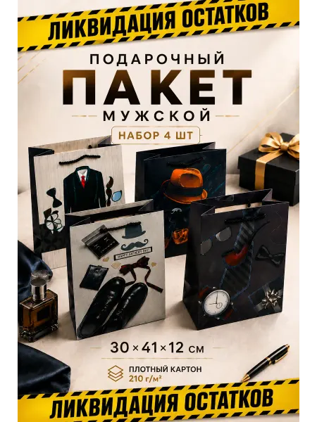 Пакет подарочный мужской набор 4 шт 30×41×12 см бумажный