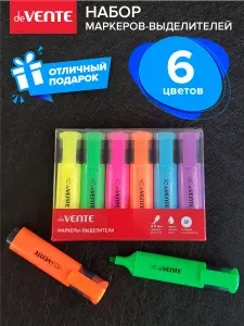 Набор маркеров текстовыделителей, 6 неоновых цветов. Плоский корпус, скошенный наконечник, ширина линии 1-5 мм, в пластиковой коробке
