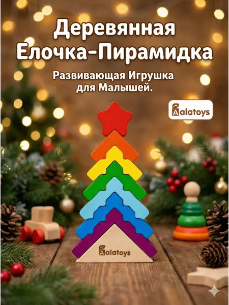 Alatoys Пирамидка Елочка деревянная развивающая игрушка 1+