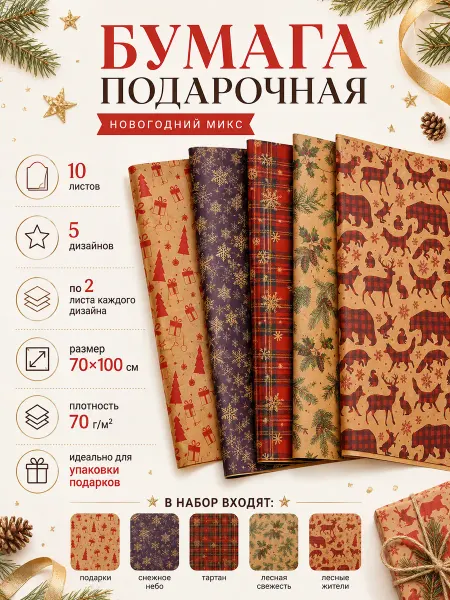 Grand Gift Упаковочная бумага крафт для подарков новогодняя набор